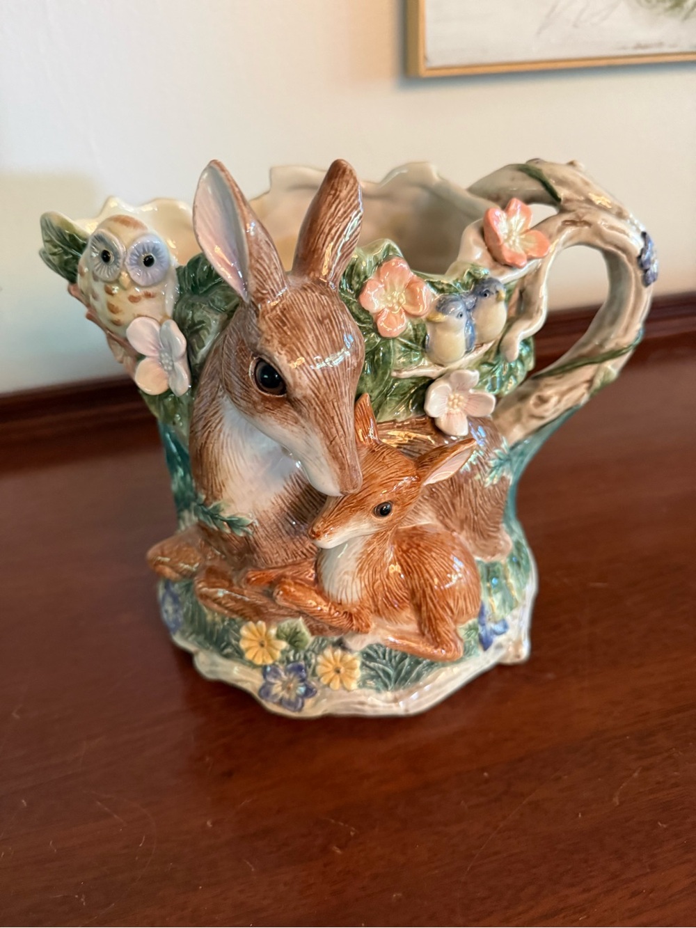 Fitz and Floyd Woodland Spring Pitcher - Mama Deer, Fawns, Owl, Bunny & Birds